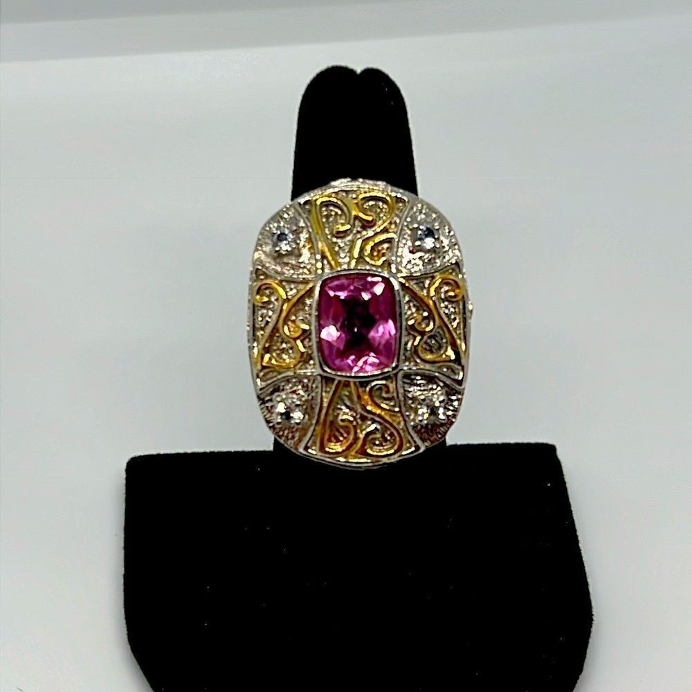 Beautiful Vintage Silver And Gold Cross Ring With Purple Stone